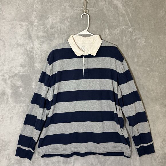 St. John’s Bay 2XL Navy Blue Gray Stripe Men Collared Long Sleeve Polo Preppy - Picture 1 of 6